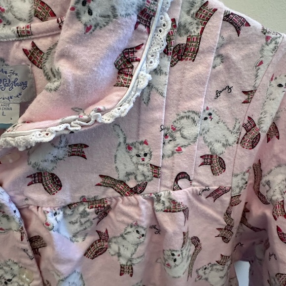 Lanz Of Salzburg Pink Flannel Kittens Cats Nightgown Peter Pan Collar Large - Picture 4 of 9